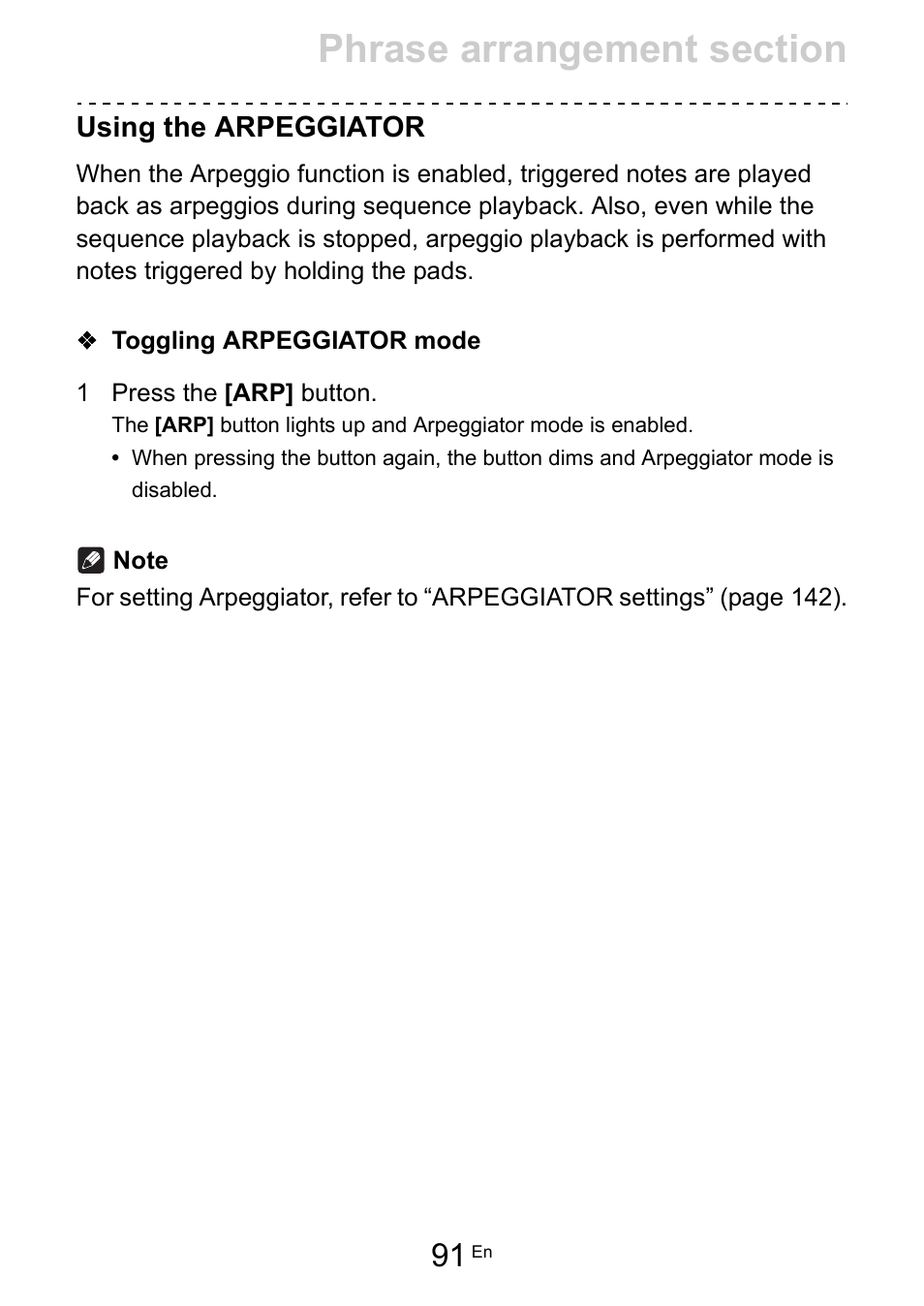 Using the arpeggiator, Toggling arpeggiator mode | Pioneer Toraiz SQUID - Creative Multitrack Sequencer User Manual | Page 91 / 177