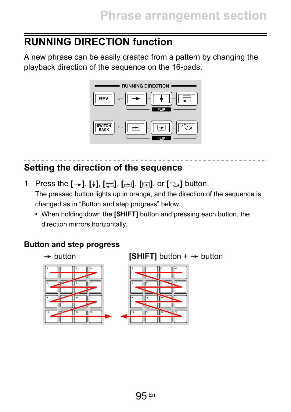 Running direction function, Setting the direction of the sequence | Pioneer Toraiz SQUID - Creative Multitrack Sequencer User Manual | Page 95 / 177