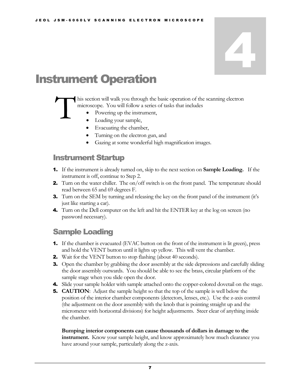 Instrument operation | Dell JSM-6060LV User Manual | Page 8 / 12