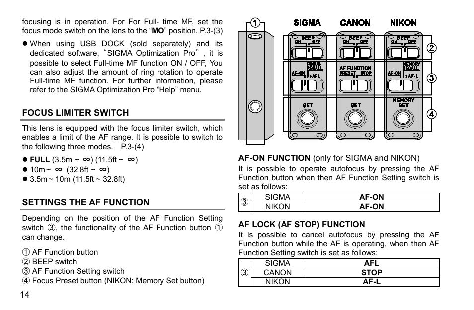 Focus limiter switch, Settings the af function | SIGMA 500mm f/4 DG OS HSM Sports Lens for EF User Manual | Page 14 / 100