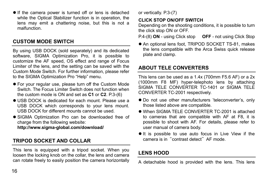 Custom mode switch, Tripod socket and collar, About tele converters | Lens hood | SIGMA 500mm f/4 DG OS HSM Sports Lens for EF User Manual | Page 16 / 100