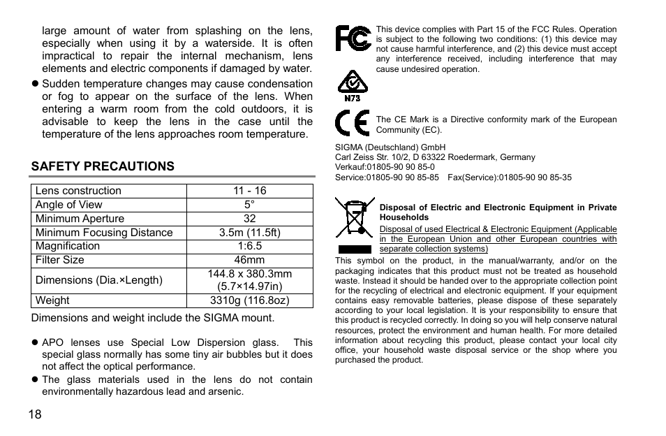 Safety precautions | SIGMA 500mm f/4 DG OS HSM Sports Lens for EF User Manual | Page 18 / 100