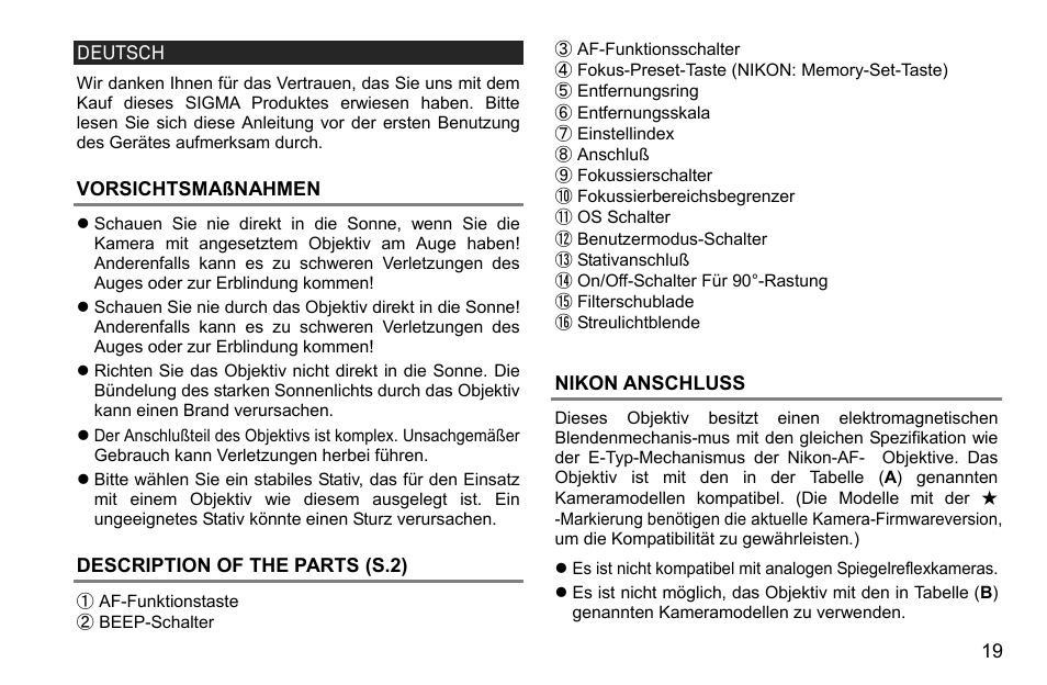 Deutsch, Vorsichtsmaßnahmen, Description of the parts (s.2) | Nikon anschluss | SIGMA 500mm f/4 DG OS HSM Sports Lens for EF User Manual | Page 19 / 100