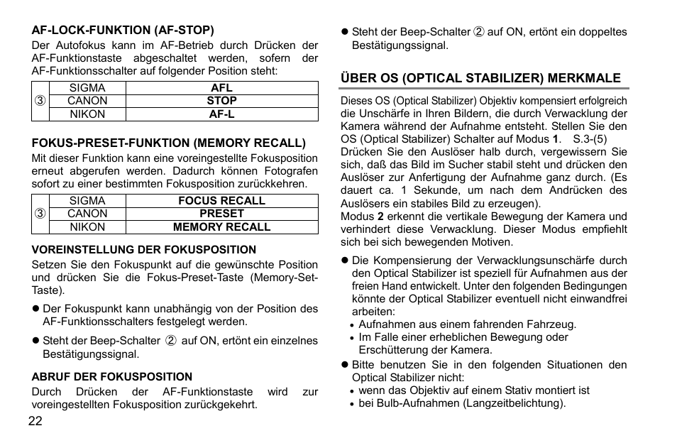 Über os (optical stabilizer) merkmale | SIGMA 500mm f/4 DG OS HSM Sports Lens for EF User Manual | Page 22 / 100