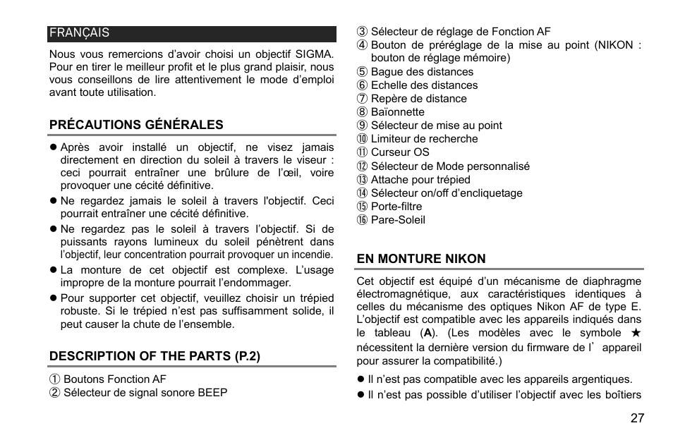 Français, Précautions générales, Description of the parts (p.2) | En monture nikon | SIGMA 500mm f/4 DG OS HSM Sports Lens for EF User Manual | Page 27 / 100