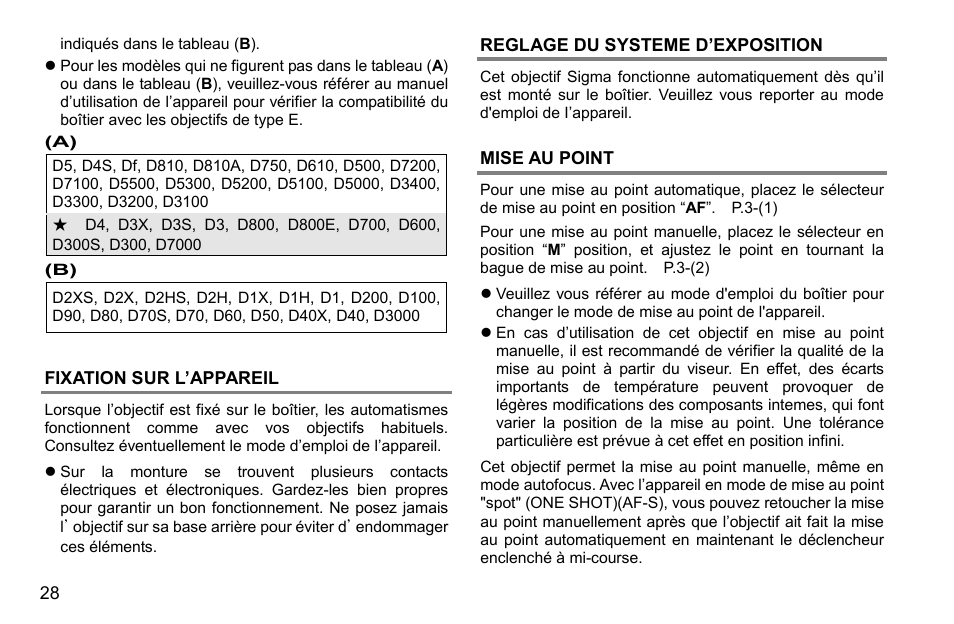 Fixation sur l’appareil, Reglage du systeme d’exposition, Mise au point | SIGMA 500mm f/4 DG OS HSM Sports Lens for EF User Manual | Page 28 / 100