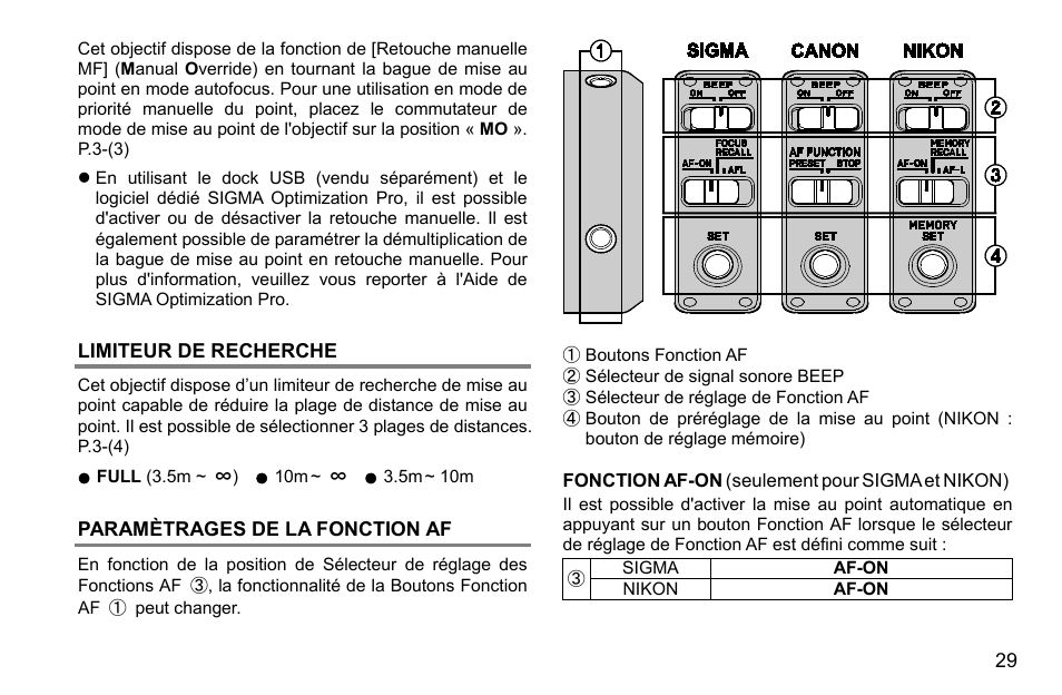 Limiteur de recherche, Paramètrages de la fonction af | SIGMA 500mm f/4 DG OS HSM Sports Lens for EF User Manual | Page 29 / 100