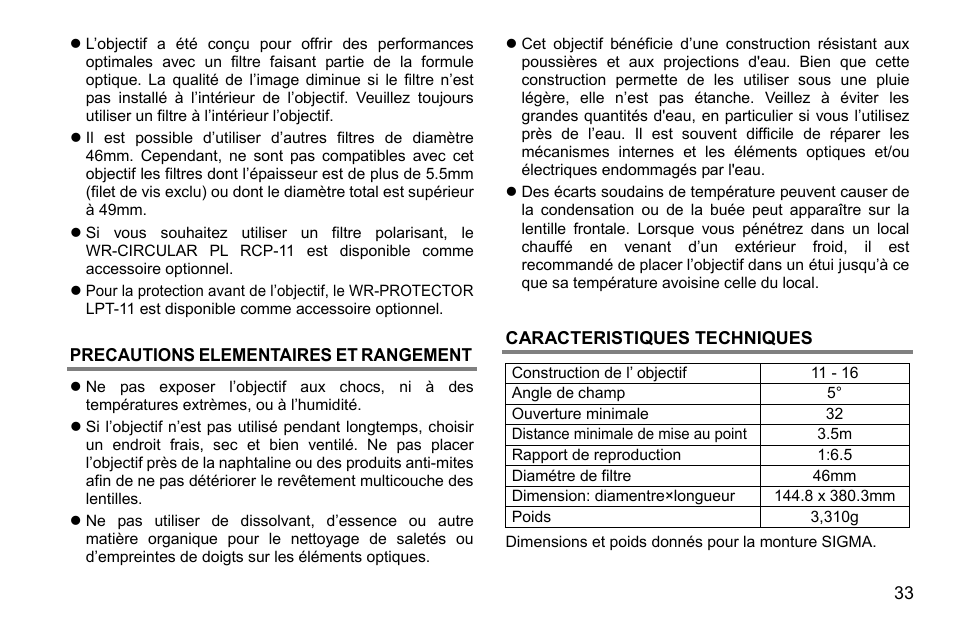 Precautions elementaires et rangement, Caracteristiques techniques | SIGMA 500mm f/4 DG OS HSM Sports Lens for EF User Manual | Page 33 / 100