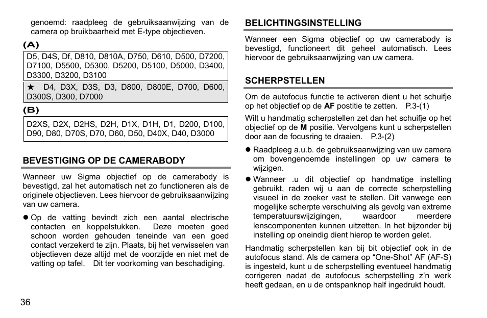 Bevestiging op de camerabody, Belichtingsinstelling, Scherpstellen | SIGMA 500mm f/4 DG OS HSM Sports Lens for EF User Manual | Page 36 / 100