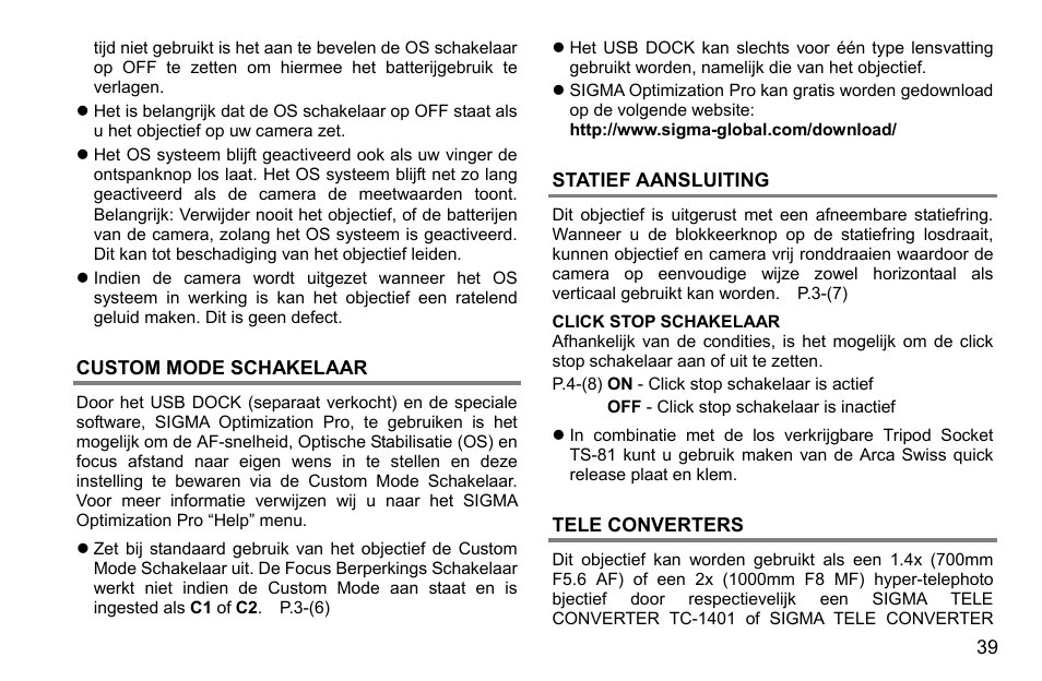 Custom mode schakelaar, Statief aansluiting, Tele converters | SIGMA 500mm f/4 DG OS HSM Sports Lens for EF User Manual | Page 39 / 100