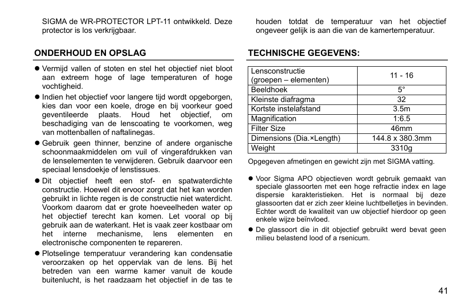 Onderhoud en opslag, Technische gegevens | SIGMA 500mm f/4 DG OS HSM Sports Lens for EF User Manual | Page 41 / 100