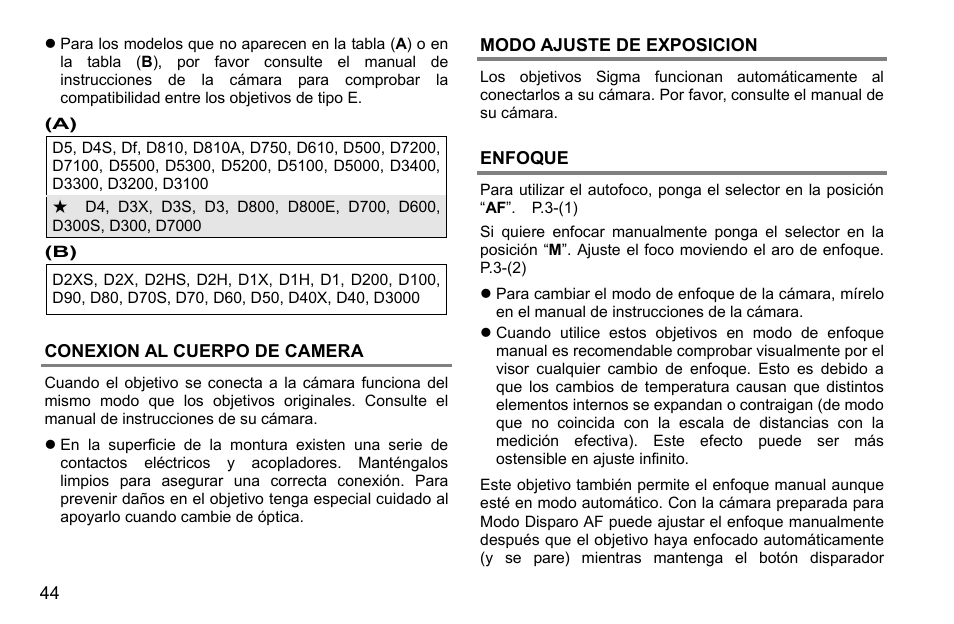 Conexion al cuerpo de camera, Modo ajuste de exposicion, Enfoque | SIGMA 500mm f/4 DG OS HSM Sports Lens for EF User Manual | Page 44 / 100