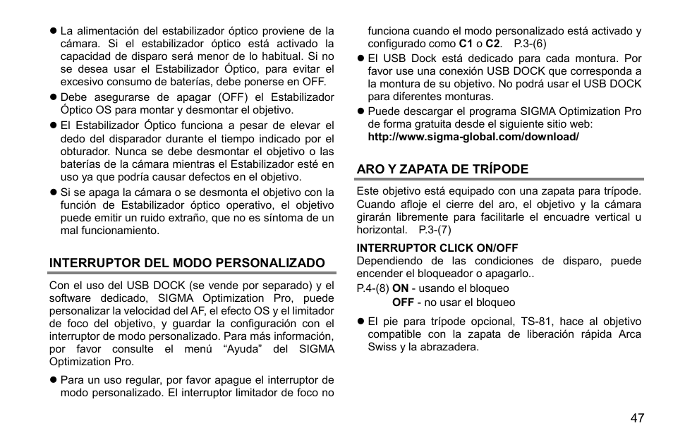 Interruptor del modo personalizado, Aro y zapata de trípode | SIGMA 500mm f/4 DG OS HSM Sports Lens for EF User Manual | Page 47 / 100