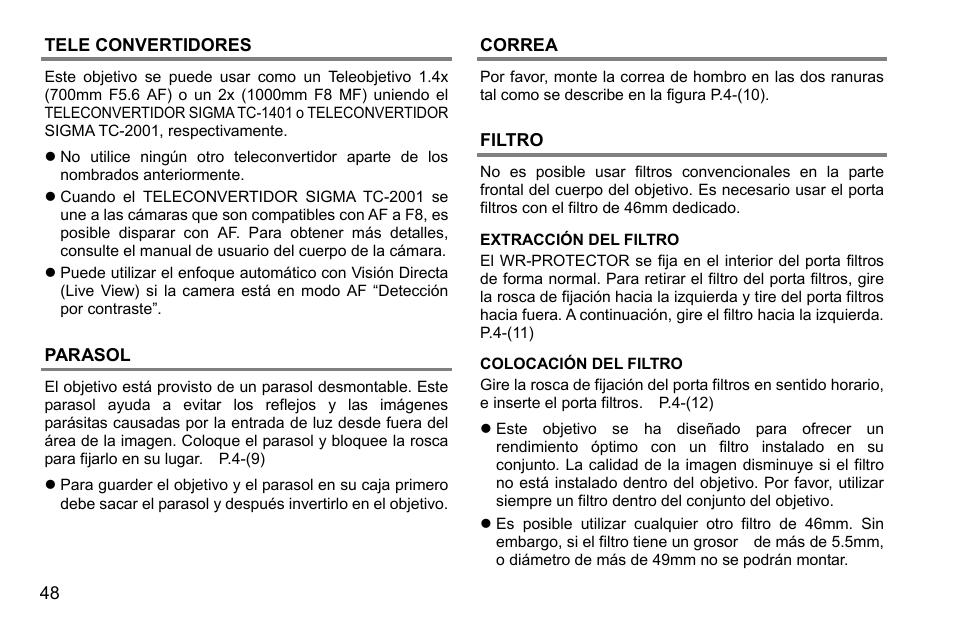 Tele convertidores, Parasol, Correa | Filtro | SIGMA 500mm f/4 DG OS HSM Sports Lens for EF User Manual | Page 48 / 100