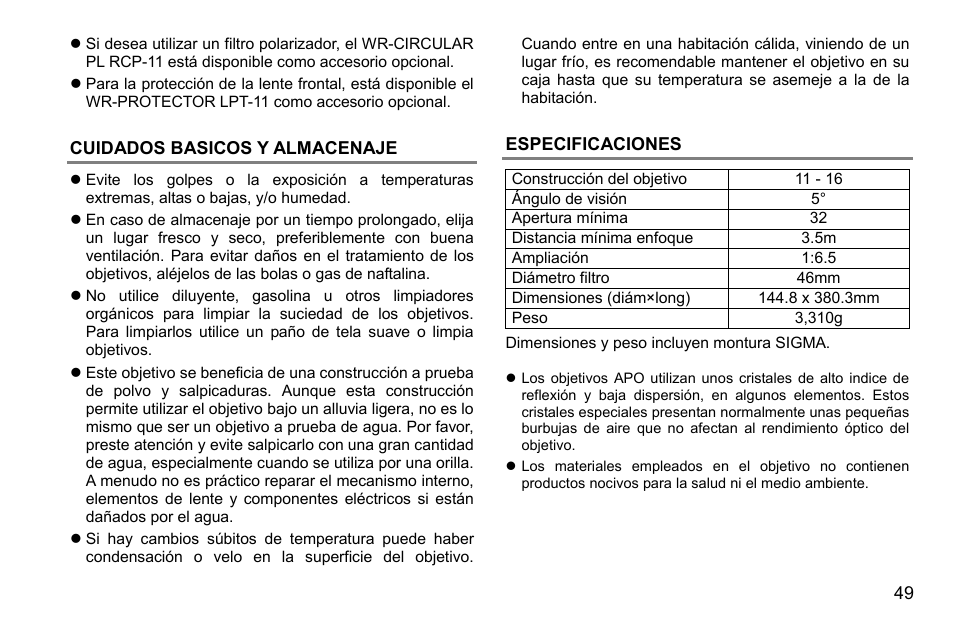 Cuidados basicos y almacenaje, Especificaciones | SIGMA 500mm f/4 DG OS HSM Sports Lens for EF User Manual | Page 49 / 100