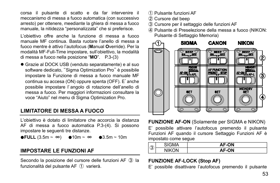 Limitatore di messa a fuoco, Impostare le funzioni af | SIGMA 500mm f/4 DG OS HSM Sports Lens for EF User Manual | Page 53 / 100