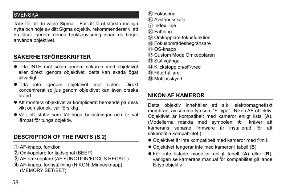 Svenska, Säkerhetsföreskrifter, Description of the parts (s.2) | Nikon af kameror | SIGMA 500mm f/4 DG OS HSM Sports Lens for EF User Manual | Page 58 / 100