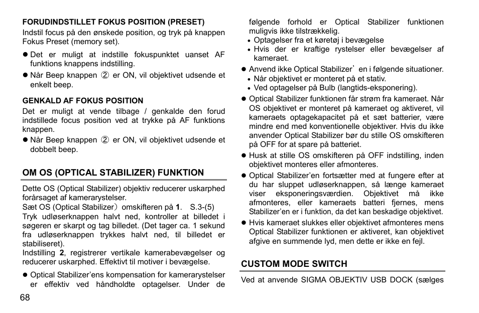 Om os (optical stabilizer) funktion, Custom mode switch | SIGMA 500mm f/4 DG OS HSM Sports Lens for EF User Manual | Page 68 / 100