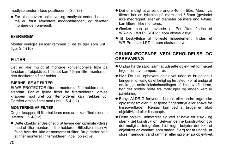 Bærerem, Filter, Grundlæggende vedligeholdelse og opbevaring | SIGMA 500mm f/4 DG OS HSM Sports Lens for EF User Manual | Page 70 / 100