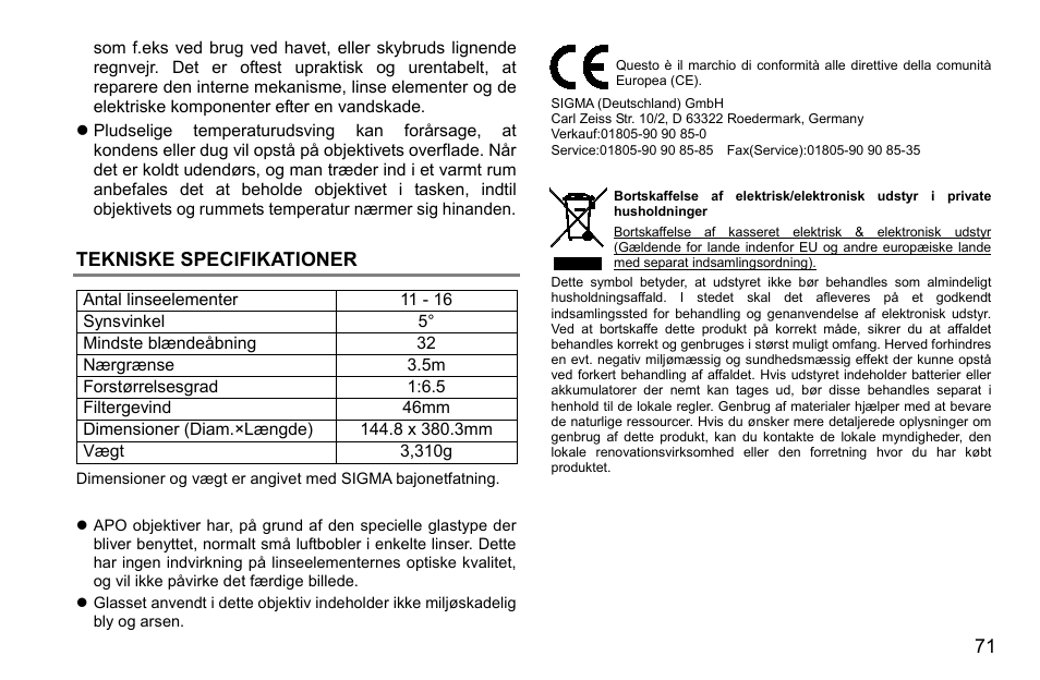 Tekniske specifikationer | SIGMA 500mm f/4 DG OS HSM Sports Lens for EF User Manual | Page 71 / 100