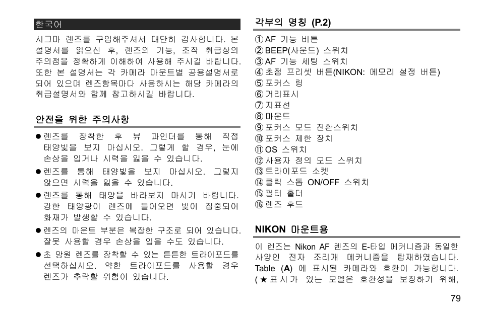 안전을 위한 주의사항, 각부의 명칭 (p.2), Nikon 마운트용 | SIGMA 500mm f/4 DG OS HSM Sports Lens for EF User Manual | Page 79 / 100