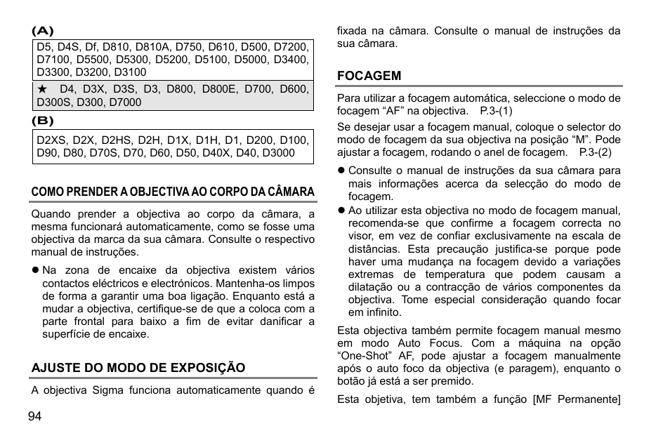 Como prender a objectiva ao corpo da câmara, Ajuste do modo de exposição, Focagem | SIGMA 500mm f/4 DG OS HSM Sports Lens for EF User Manual | Page 94 / 100