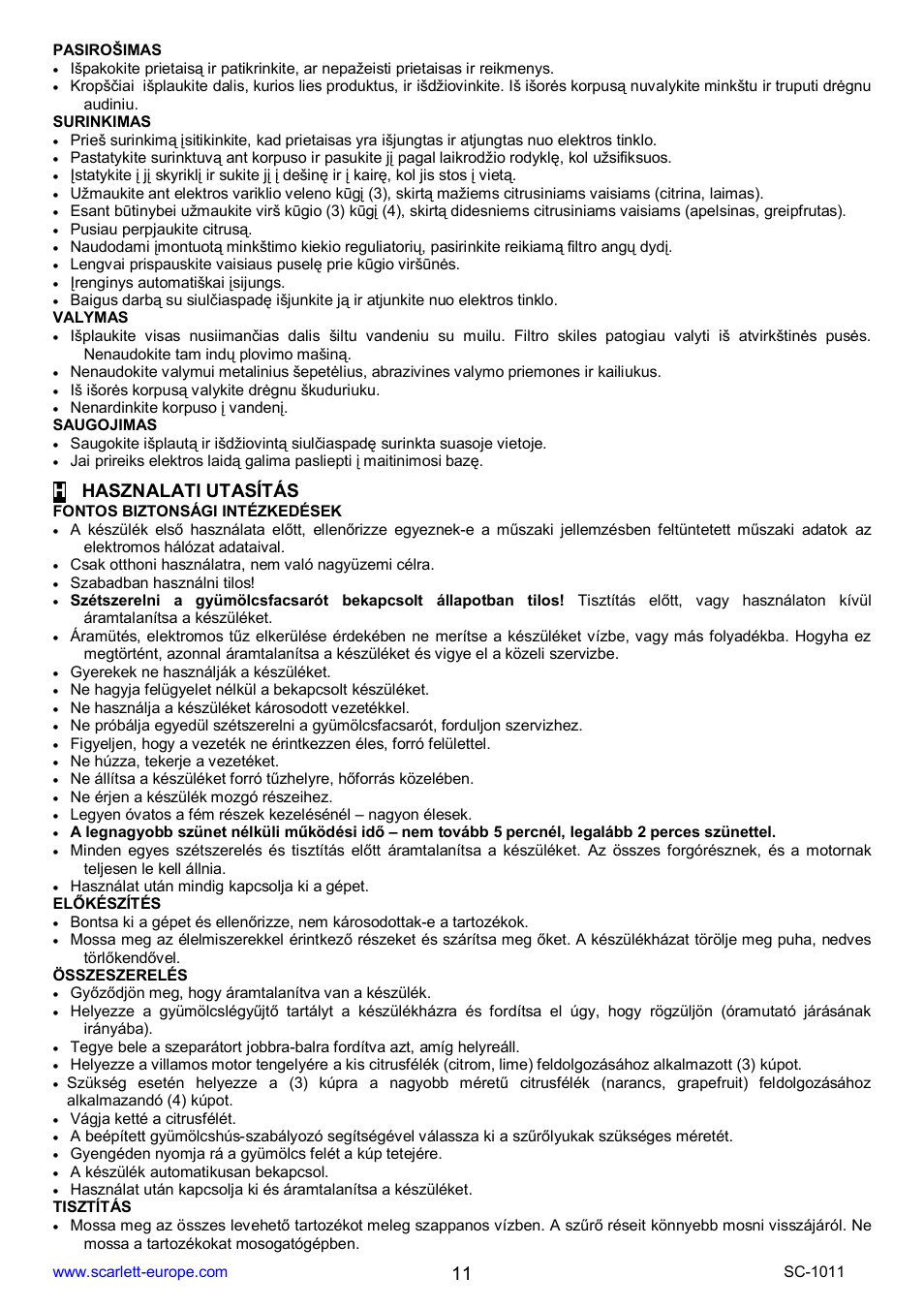 Hhasznalati utasítás | Scarlett SC-1011 User Manual | Page 11 / 14