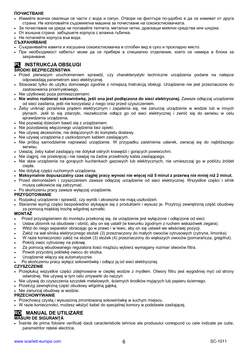 Pl instrukcja obs ugi, Ro manual de utilizare | Scarlett SC-1011 User Manual | Page 6 / 14