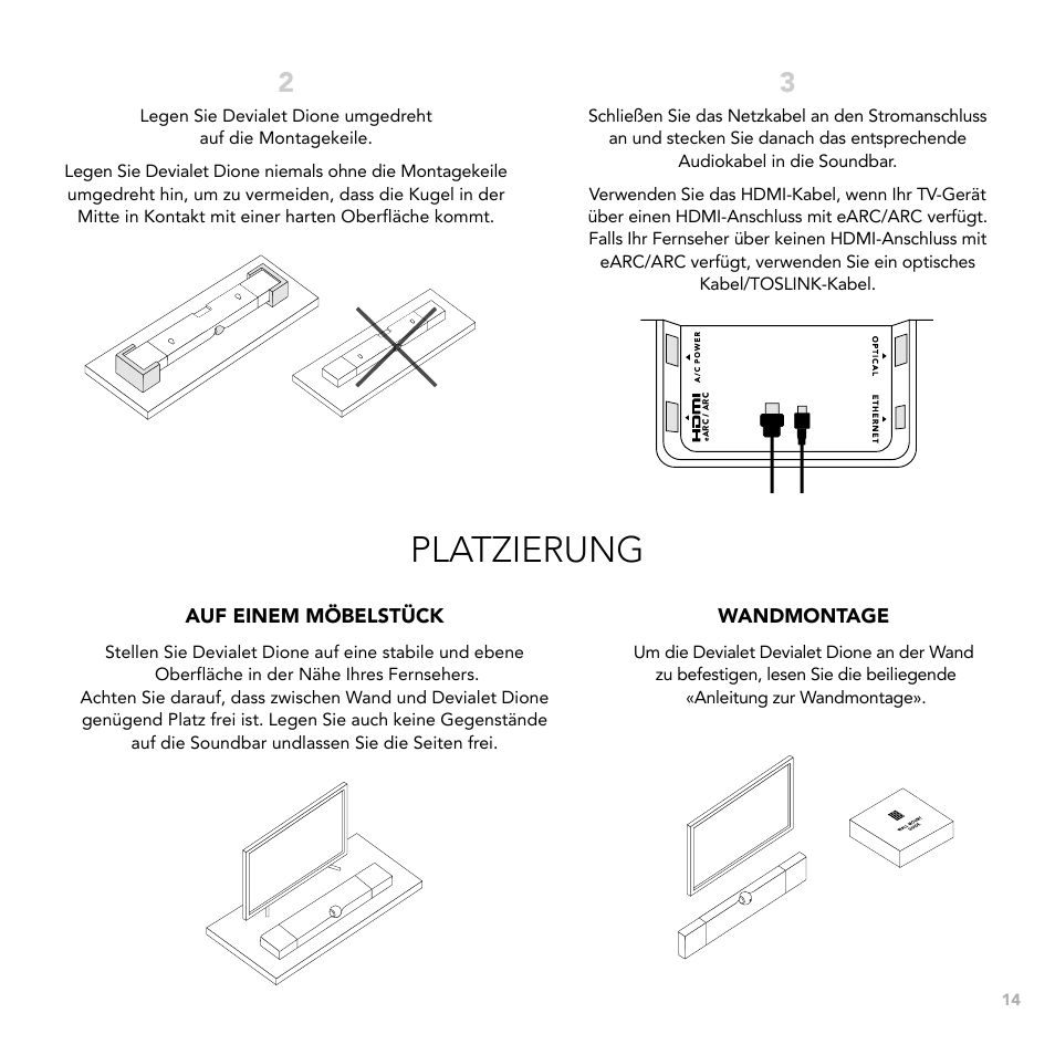 Platzierung | Devialet Dione 950W Virtual 5.1.2-Channel Soundbar User Manual | Page 14 / 36