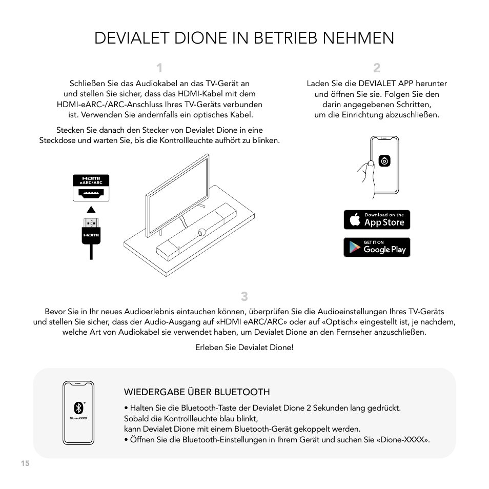 Devialet dione in betrieb nehmen | Devialet Dione 950W Virtual 5.1.2-Channel Soundbar User Manual | Page 15 / 36