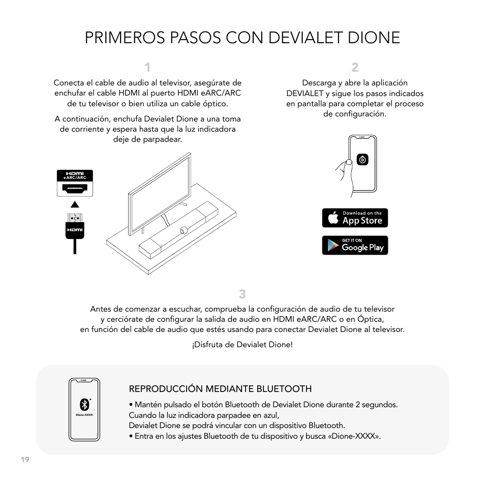 Primeros pasos con devialet dione | Devialet Dione 950W Virtual 5.1.2-Channel Soundbar User Manual | Page 19 / 36