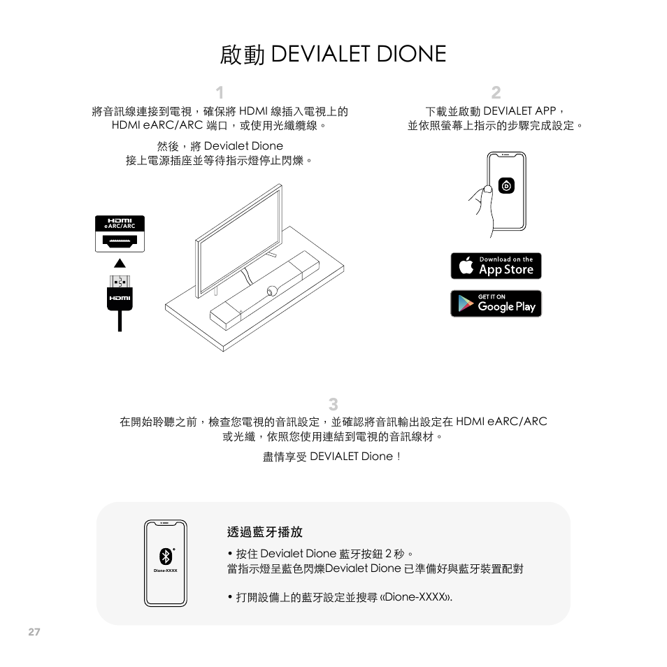 啟動 devialet dione | Devialet Dione 950W Virtual 5.1.2-Channel Soundbar User Manual | Page 27 / 36