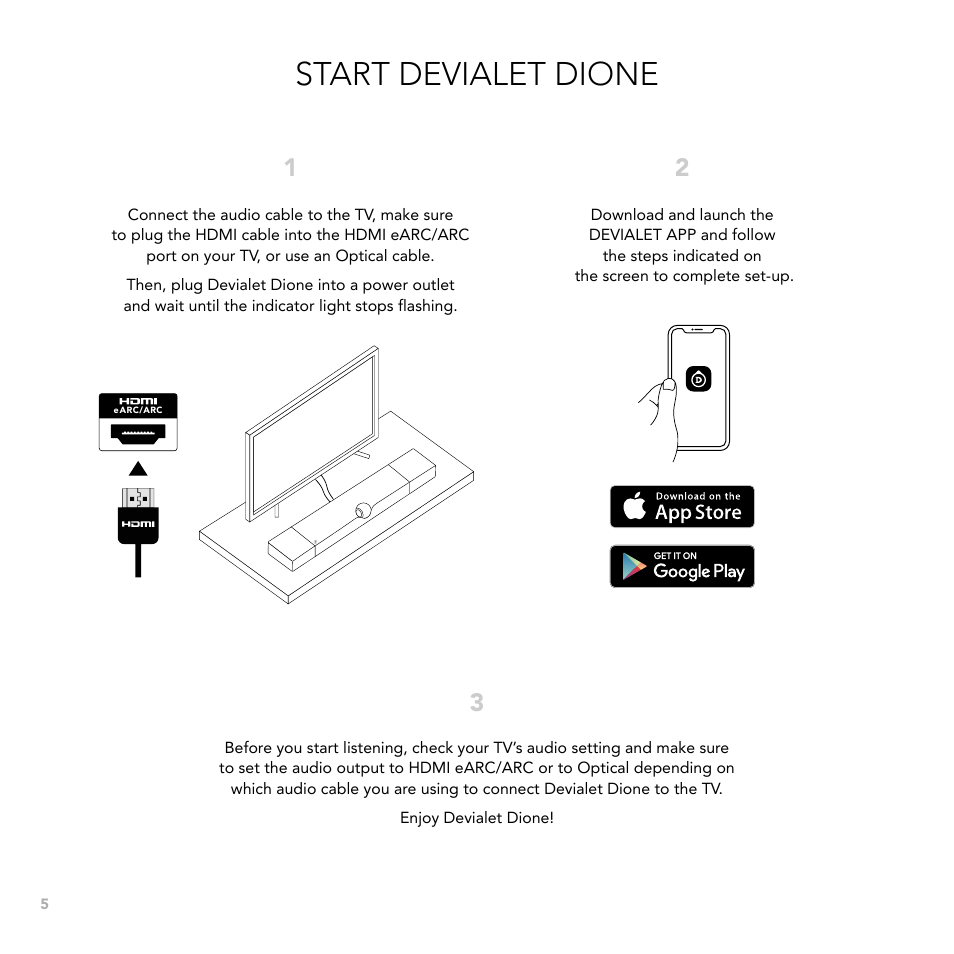 Start devialet dione | Devialet Dione 950W Virtual 5.1.2-Channel Soundbar User Manual | Page 5 / 36