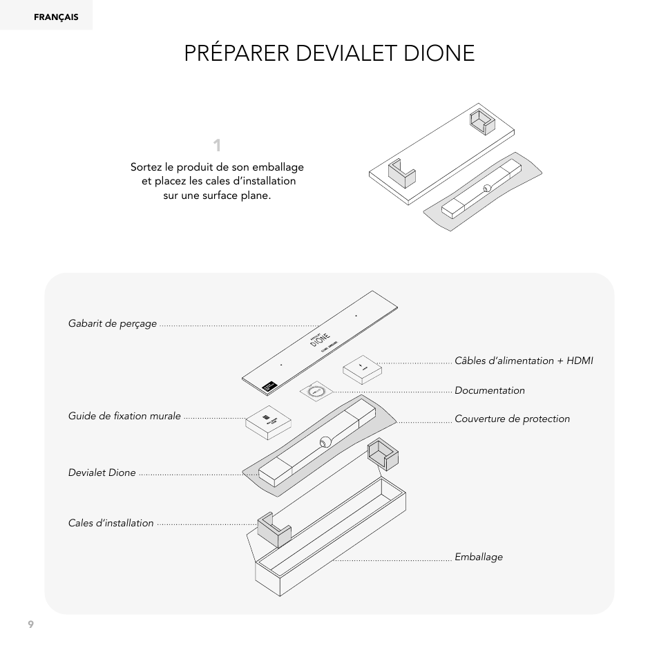 Préparer devialet dione | Devialet Dione 950W Virtual 5.1.2-Channel Soundbar User Manual | Page 9 / 36