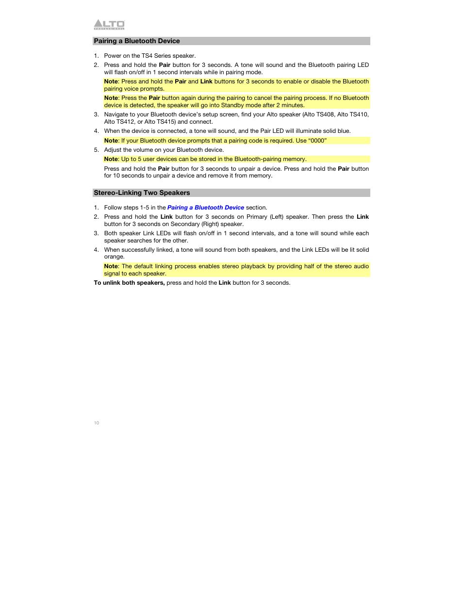 Pairing a bluetooth device, Stereo-linking two speakers | Alto Professional Alto TS412 2500W 12" 2-Way Active Loudspeaker with Bluetooth User Manual | Page 10 / 48