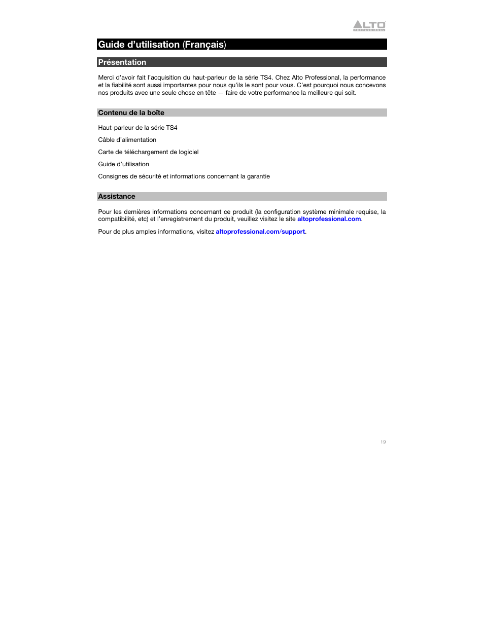 Guide d’utilisation (français), Présentation, Contenu de la boîte | Assistance, Guide d’utilisation ( français ) | Alto Professional Alto TS412 2500W 12" 2-Way Active Loudspeaker with Bluetooth User Manual | Page 19 / 48