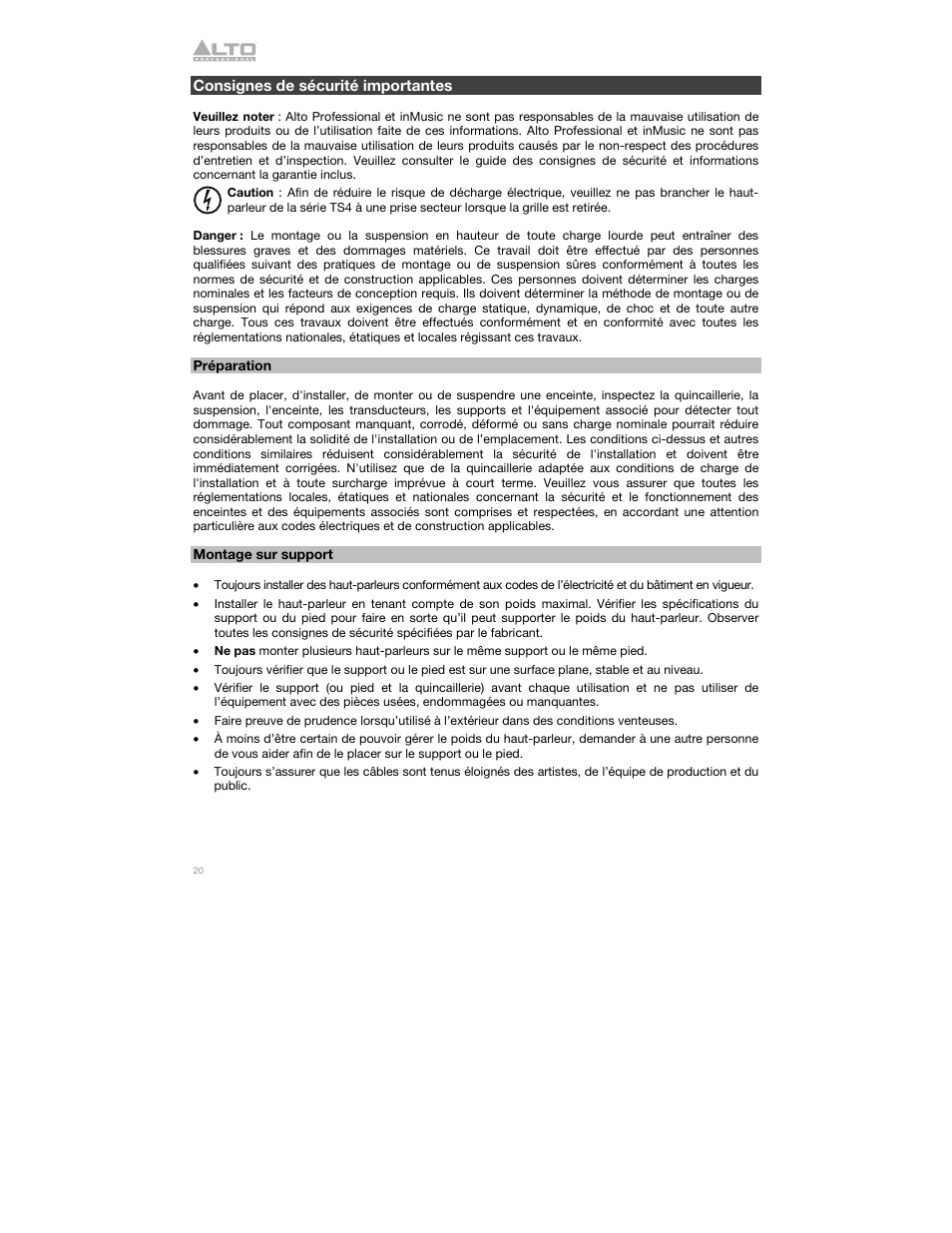 Consignes de sécurité importantes, Préparation, Montage sur support | Alto Professional Alto TS412 2500W 12" 2-Way Active Loudspeaker with Bluetooth User Manual | Page 20 / 48