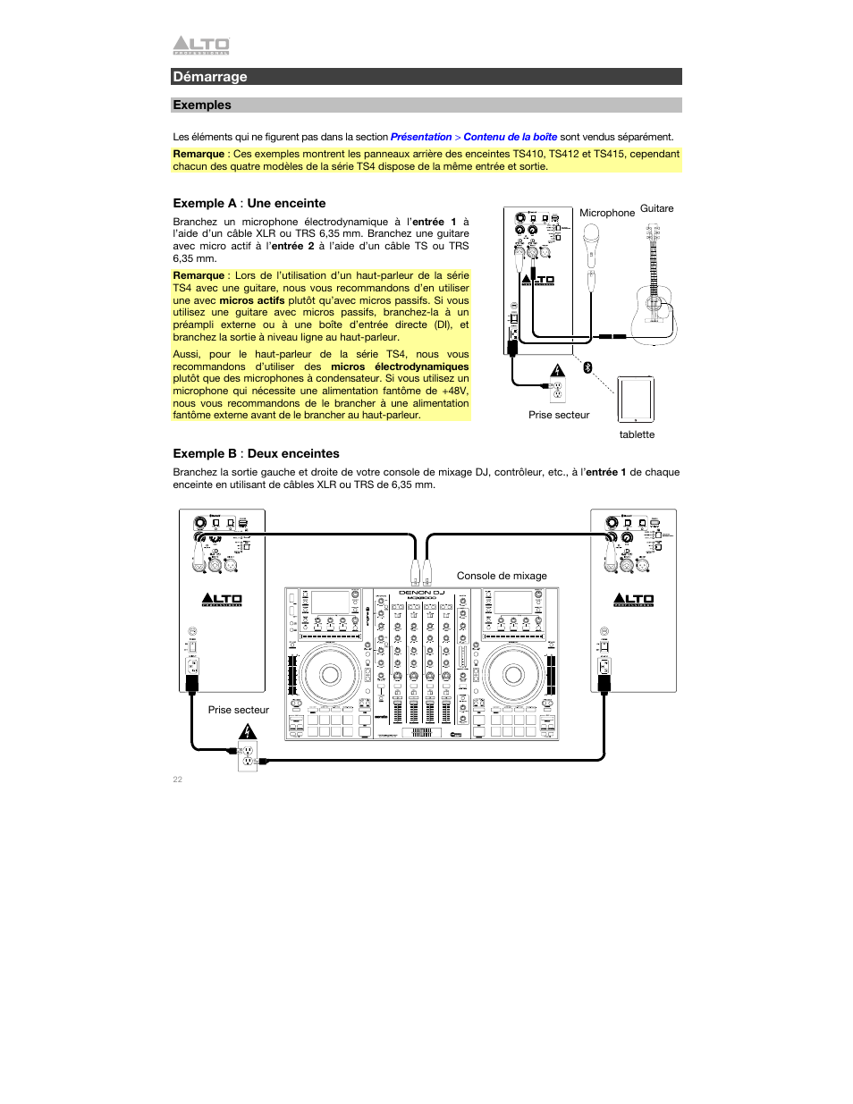 Démarrage, Exemples | Alto Professional Alto TS412 2500W 12" 2-Way Active Loudspeaker with Bluetooth User Manual | Page 22 / 48