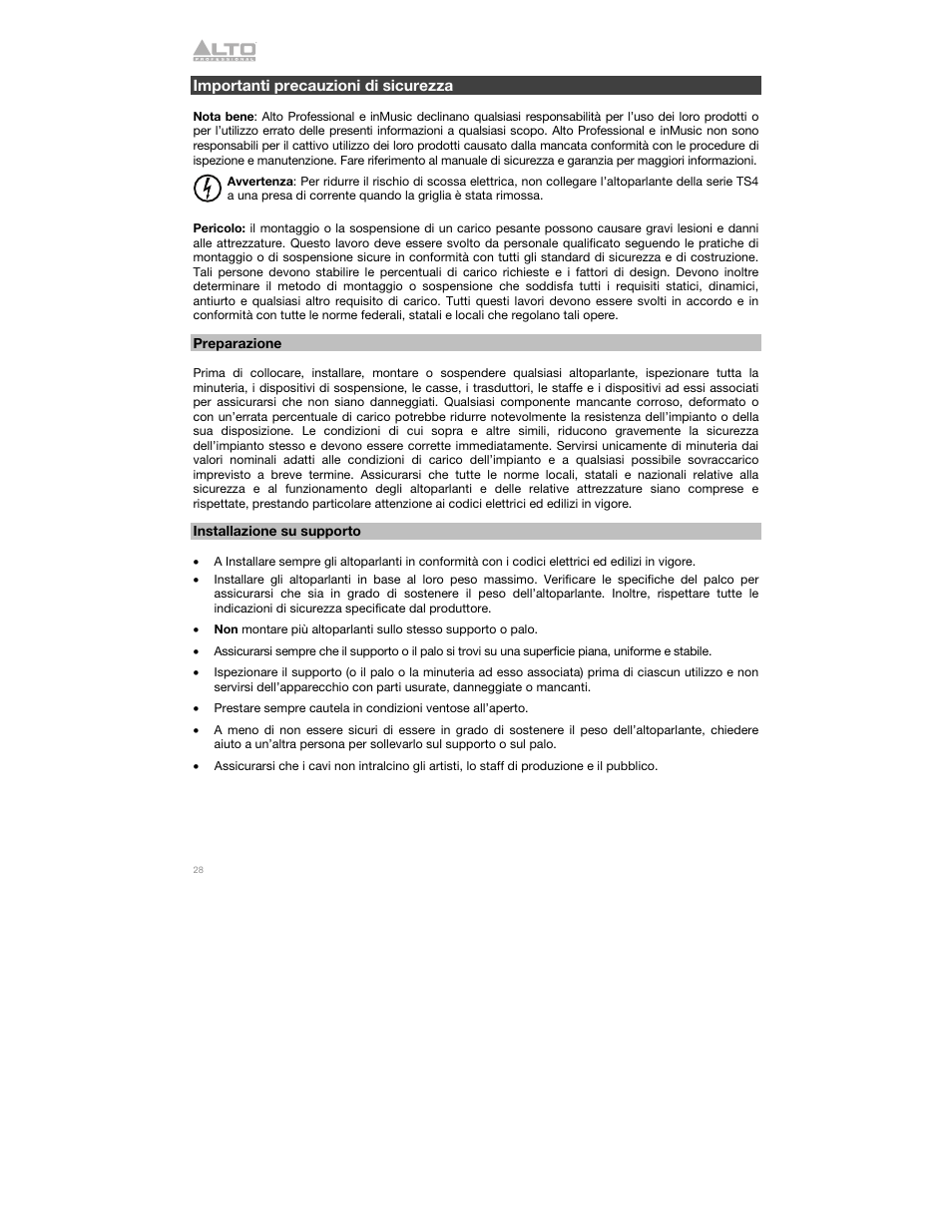 Importanti precauzioni di sicurezza, Preparazione, Installazione su supporto | Alto Professional Alto TS412 2500W 12" 2-Way Active Loudspeaker with Bluetooth User Manual | Page 28 / 48