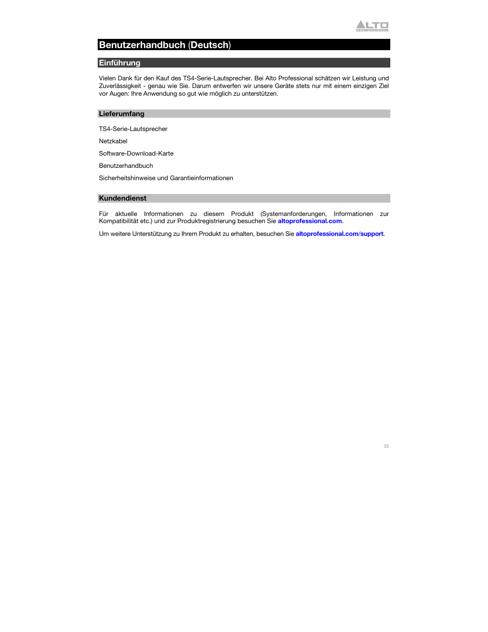 Benutzerhandbuch (deutsch), Einführung, Lieferumfang | Kundendienst, Benutzerhandbuch ( deutsch ) | Alto Professional Alto TS412 2500W 12" 2-Way Active Loudspeaker with Bluetooth User Manual | Page 35 / 48