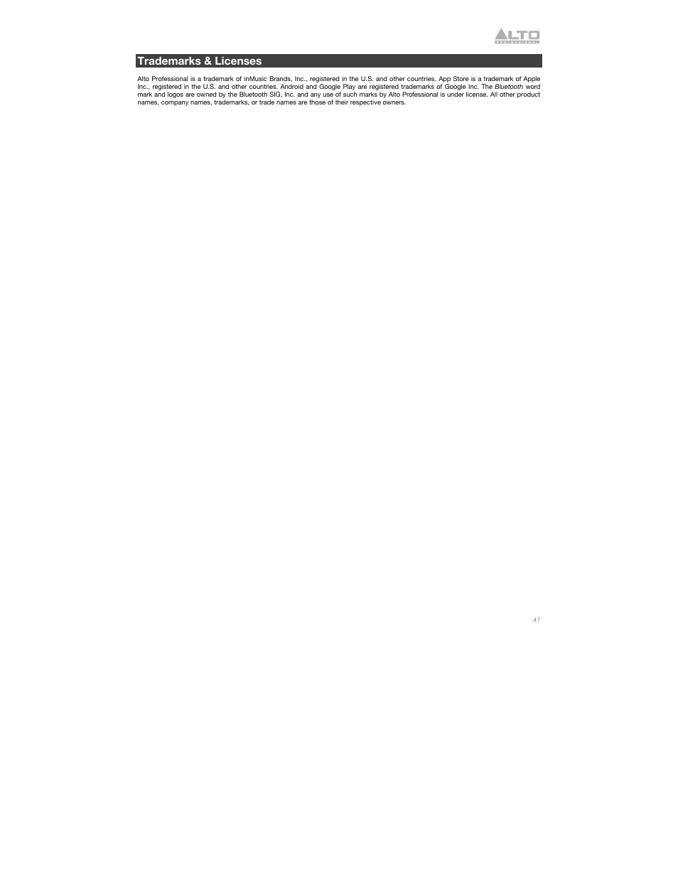 Trademarks & licenses | Alto Professional Alto TS412 2500W 12" 2-Way Active Loudspeaker with Bluetooth User Manual | Page 47 / 48