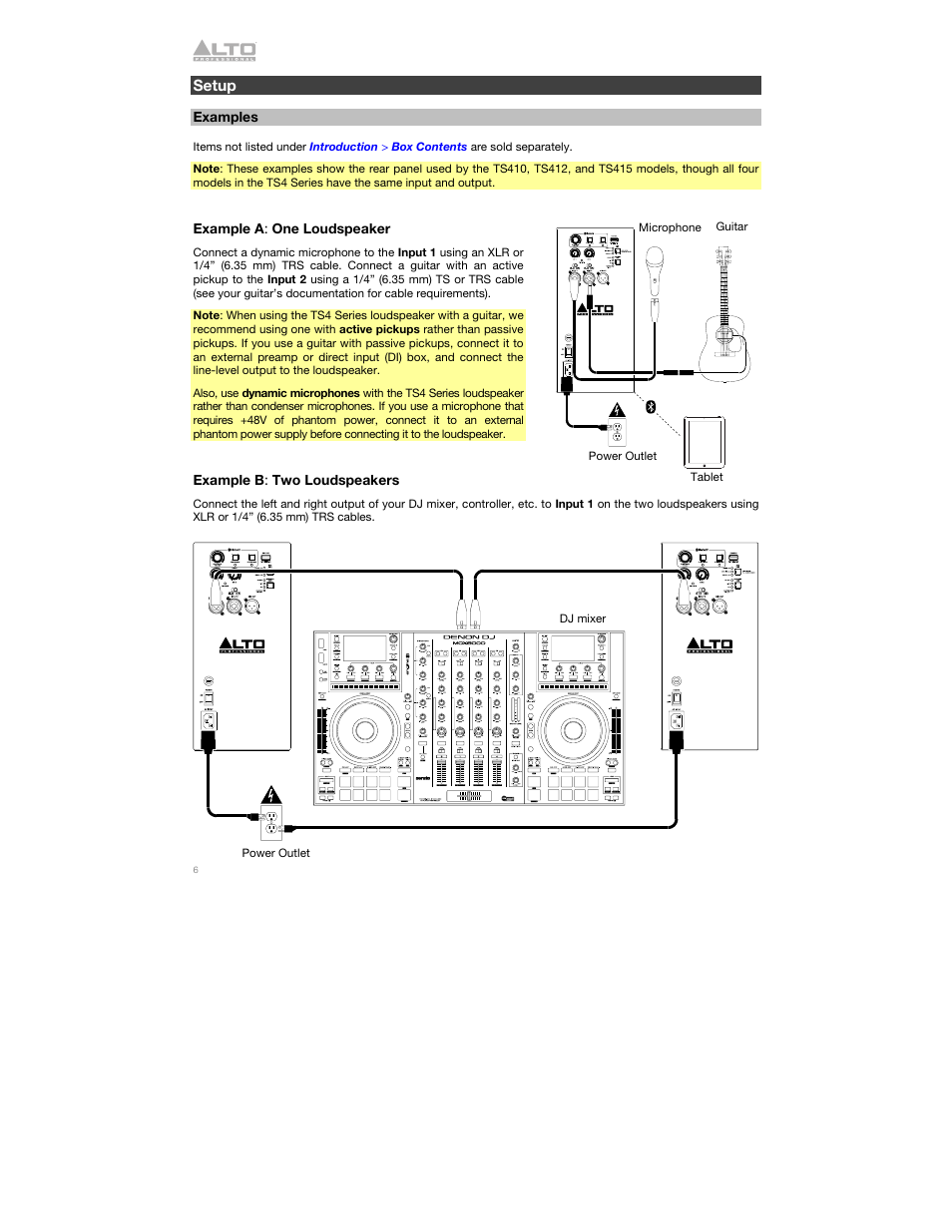 Setup, Examples | Alto Professional Alto TS412 2500W 12" 2-Way Active Loudspeaker with Bluetooth User Manual | Page 6 / 48