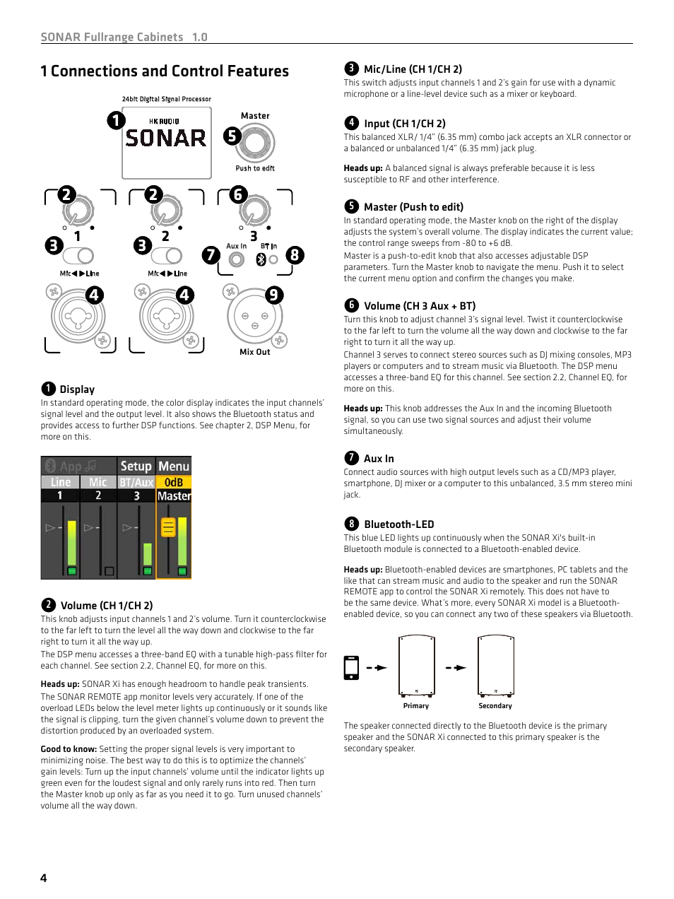 1 connections and control features | HK Audio SONAR 110 Xi 2-Way 800W 10" Powered Speaker User Manual | Page 4 / 72