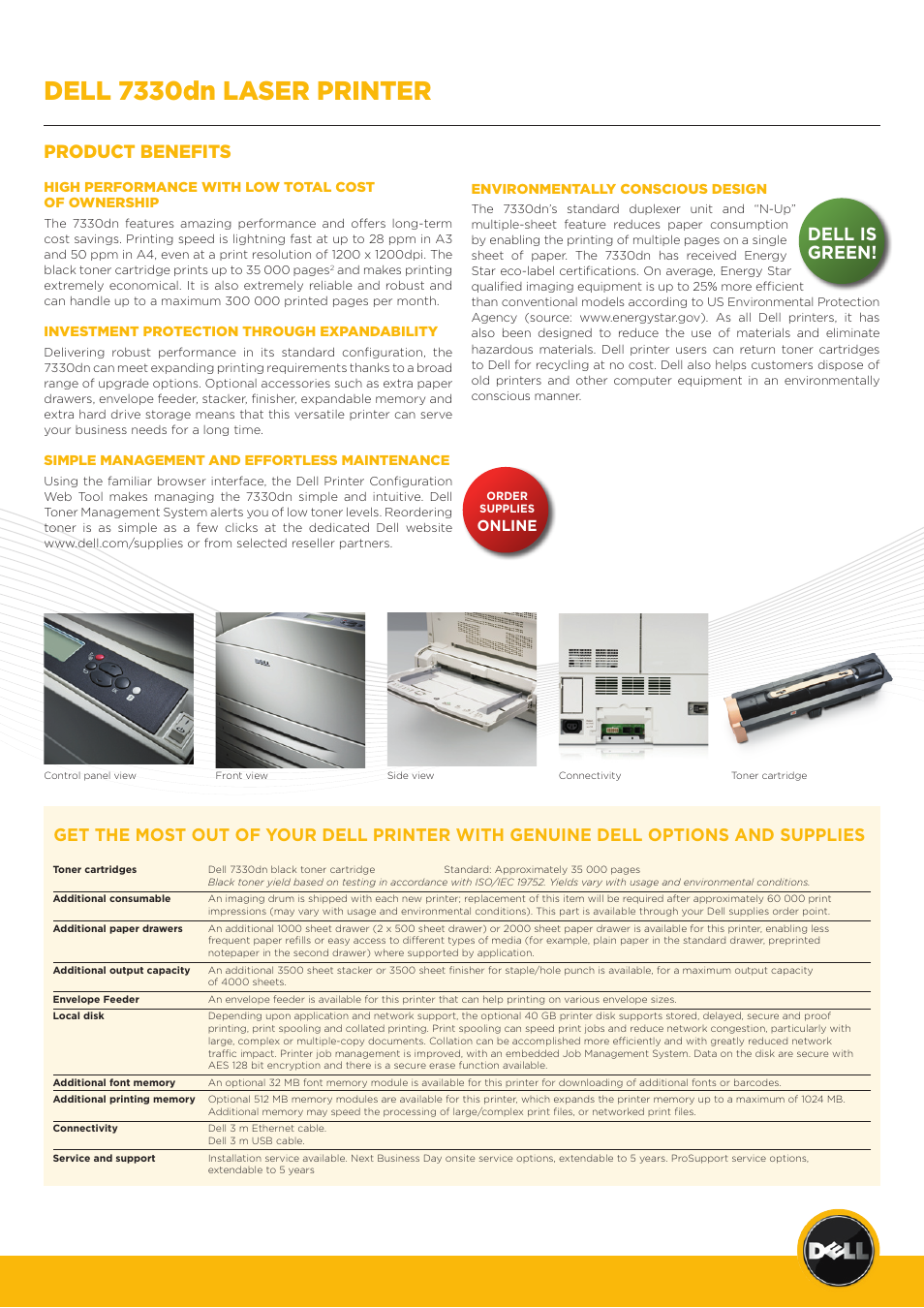 Dell 7330dn laser printer, Product benefits, Dell is green | Dell 7330dn User Manual | Page 2 / 4