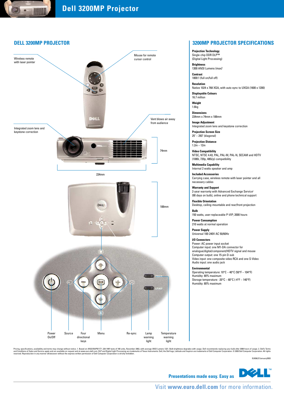 Dell 3200mp projector, Presentations made easy. easy as | Dell 3200MP User Manual | Page 2 / 2