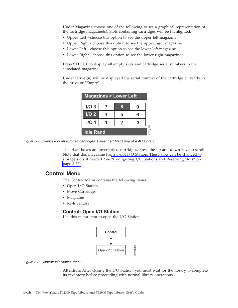 Control menu, Control: open i/o station, Control | Menu, Overview, Inventoried, Cartridges, Lower, Left, Magazine | Dell TL2000 User Manual | Page 102 / 264