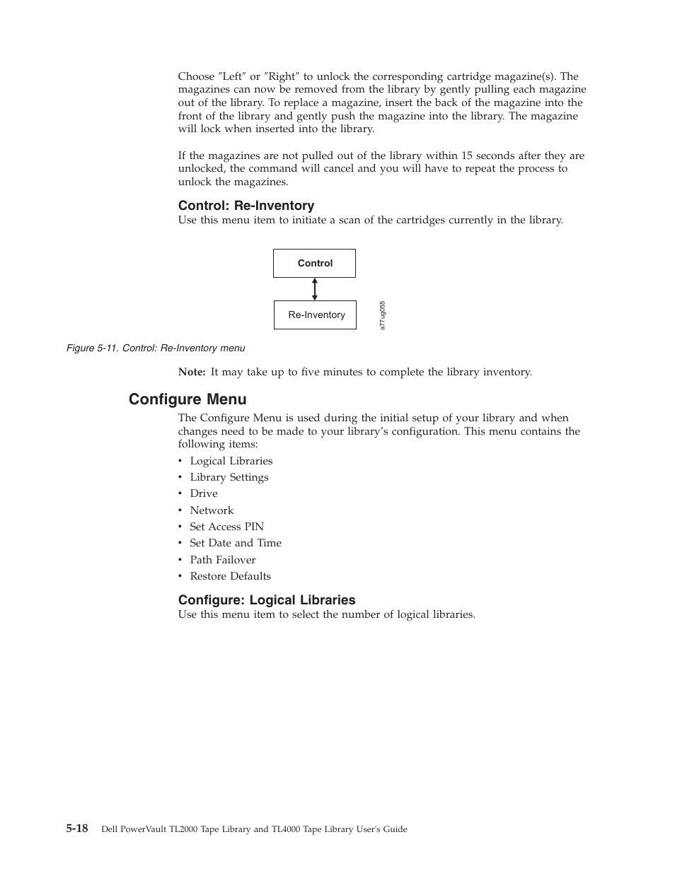 Control: re-inventory, Configure menu, Configure: logical libraries | Configure, Menu, Control, Re-inventory, Logical, Libraries | Dell TL2000 User Manual | Page 104 / 264