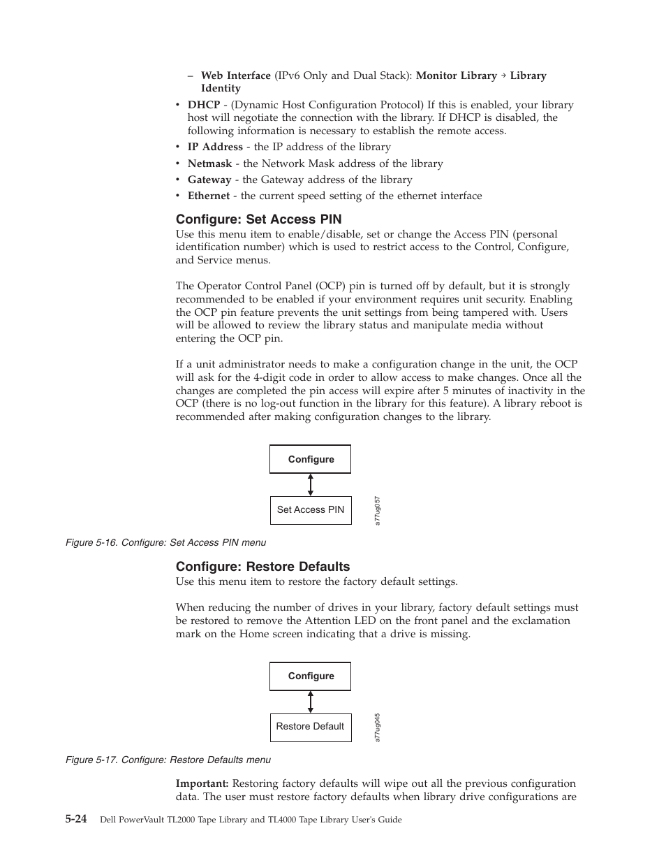 Configure: set access pin, Configure: restore defaults, Configure | Access, Menu, Restore, Defaults | Dell TL2000 User Manual | Page 110 / 264