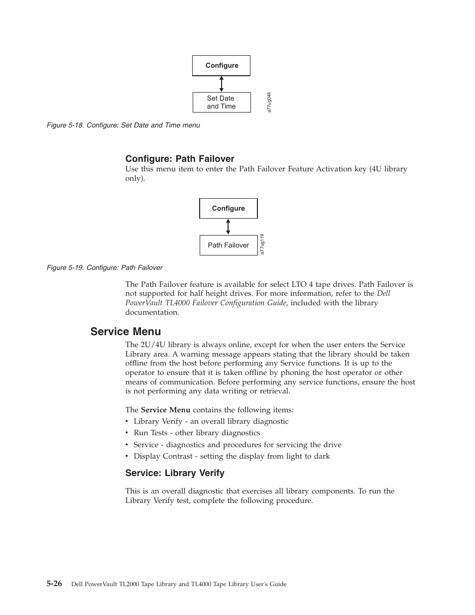 Configure: path failover, Service menu, Service: library verify | Service, Menu, Configure, Date, Time, Path, Failover | Dell TL2000 User Manual | Page 112 / 264