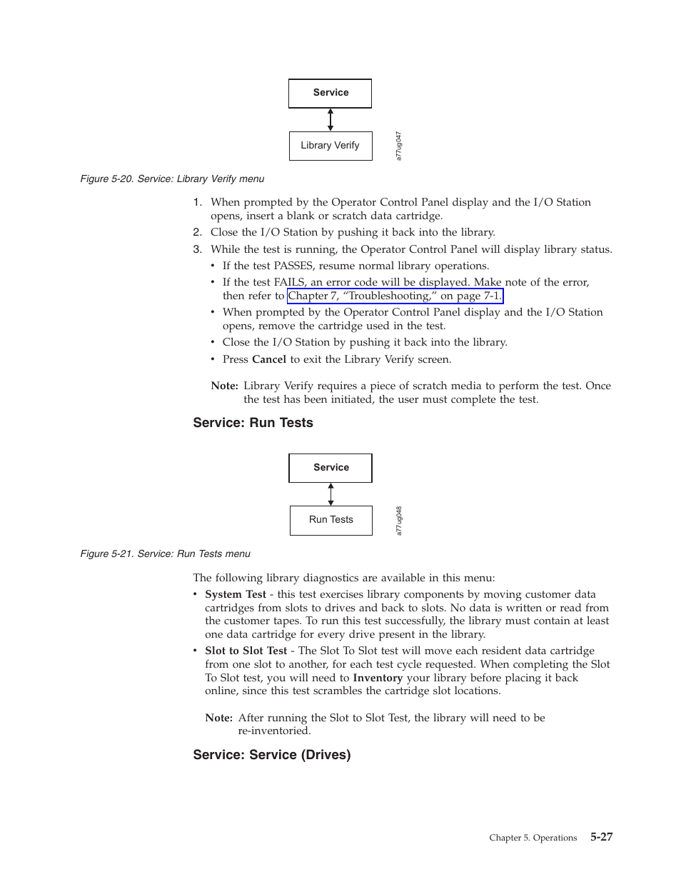 Service: run tests, Service: service (drives), Service | Library, Verify, Menu, Tests, Drives) | Dell TL2000 User Manual | Page 113 / 264